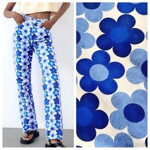 ZARA Blue Floral Straight Jeans size 4 Mod Flower Power Retro Cotton Jeans